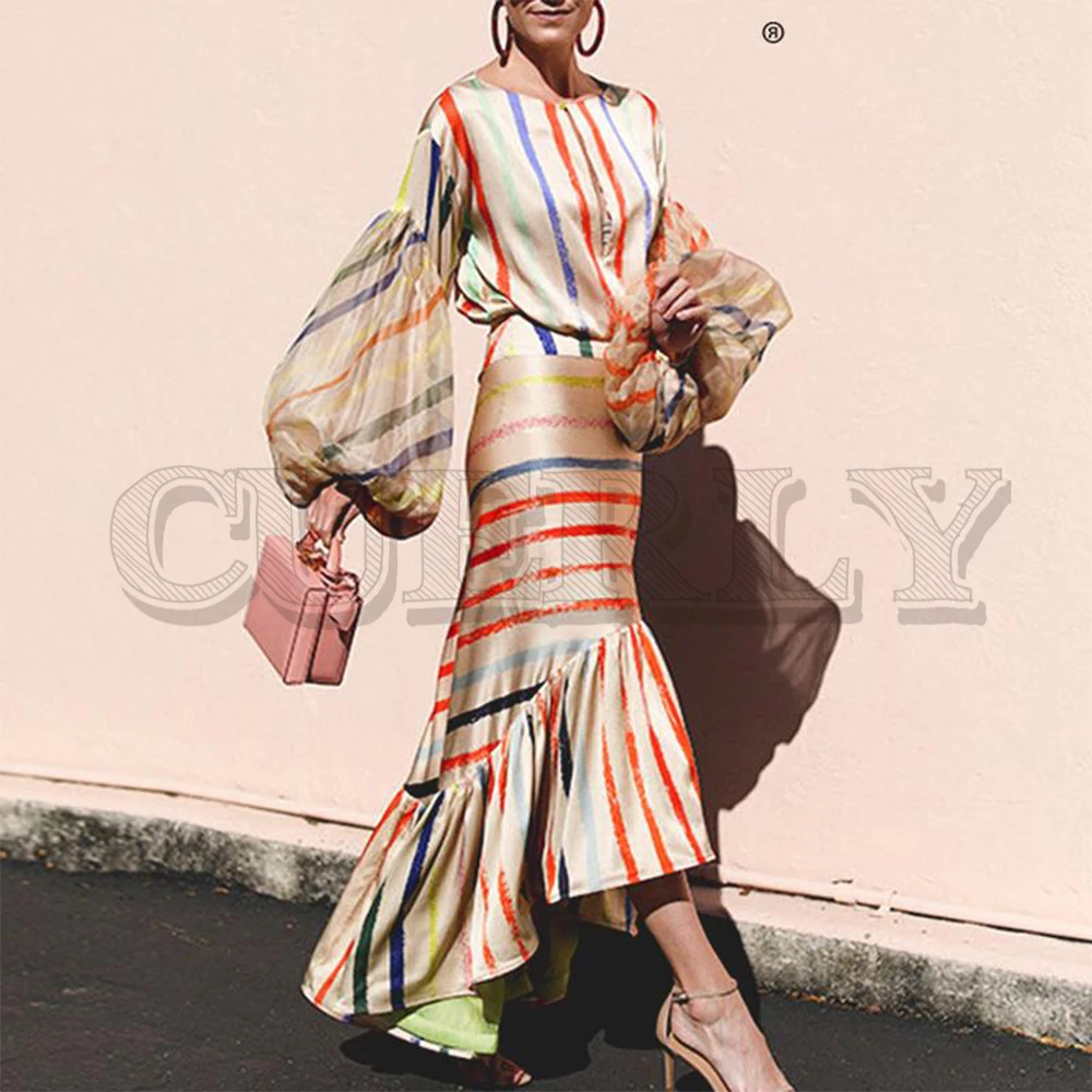 

CUERLY Bohemian lantern sleeve striped women dress Ruffled asymmetrical ladies party dress O-neck 2 pieces party ladies dress