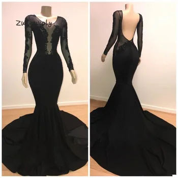 

Real Photos Mermaid Black Evening Dress Scoop Neckline Long Sleeves Black Girls Prom Dresses With Appliques Backless Party Gown
