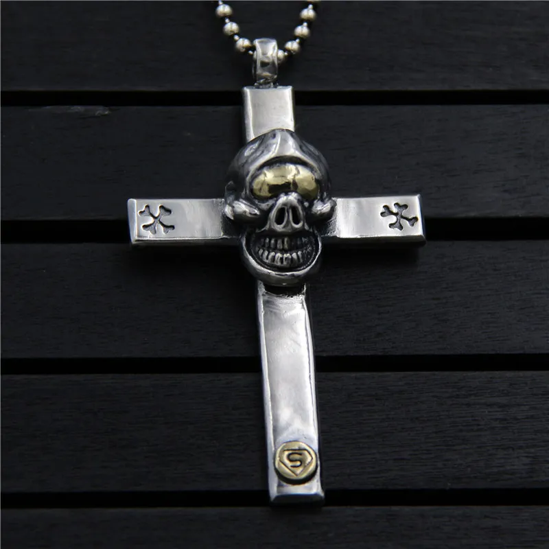 

C&R Real 925 Sterling Silver Necklace Personality Gold skull cross pendant Men handmade Thai Silver Fine Jewelry