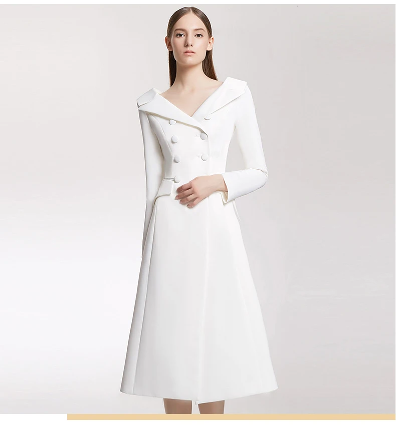 Высокое качество женское весеннее подиумное модное двубортное вечернее платье с глубоким v-образным вырезом и длинным рукавом Белое D9006