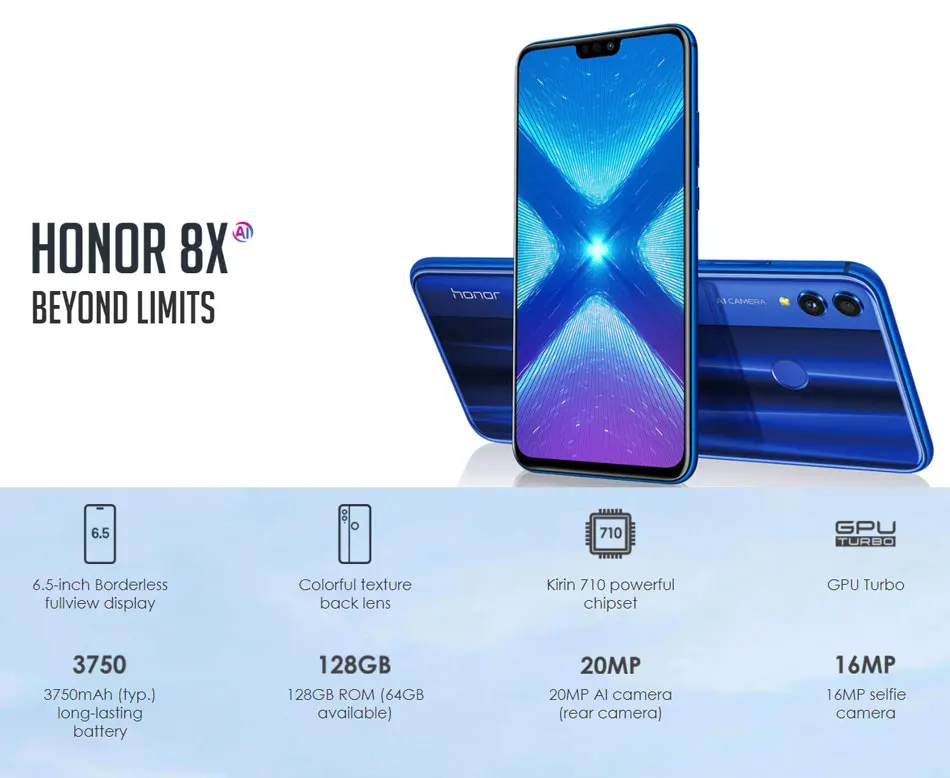 6,5 дюймовый мобильный телефон Honor 8X6 GB 128 GB, Восьмиядерный, камера 20 МП, восьмиядерный смартфон 3750mAh 4G LTE