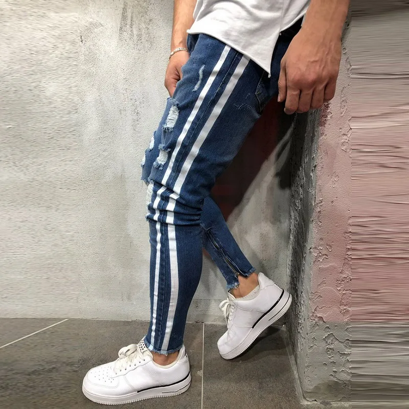 Новые модные рваные джинсы Hombre, однотонные полосатые уличные мужские прямые Стрейчевые мужские джинсы-карандаш, тонкие повседневные джинсы