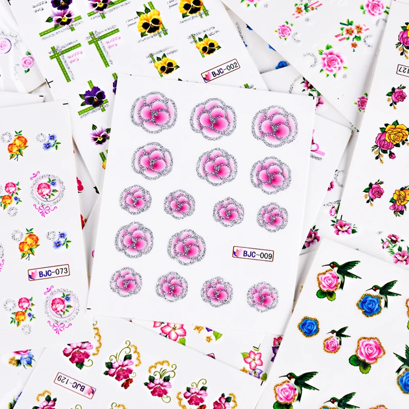 

55PCS Colorful Flower Floral Nail Art Water Transfer Decals Sticker Gold Silver Glitter Wraps Tip Manicure Decor Tools JIBJC55