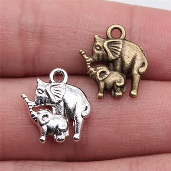 

WYSIWYG 20pcs 16x14mm 2 Colors Antique Silver Color Antique Bronze Plated Charm Elephant And Baby Lucky Charm Elephant Charm