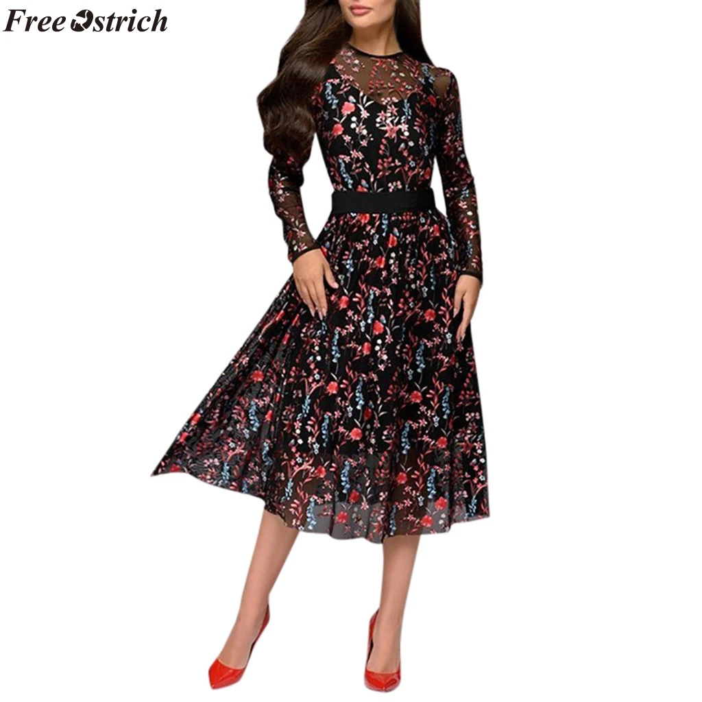 

FREE OSTRICH Lace Plus Size Long Dress New Patchwork Maxi Dress Large Size Black Robe Clothes 2019 Elegant Ladies Dress