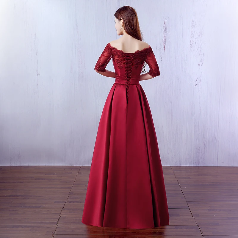 Beauty Emily Elegant Wine Red Long Evening Dresses 2019 Lace Pocket Satin Custom Made Women Party Prom Dresses Robe De Soiree