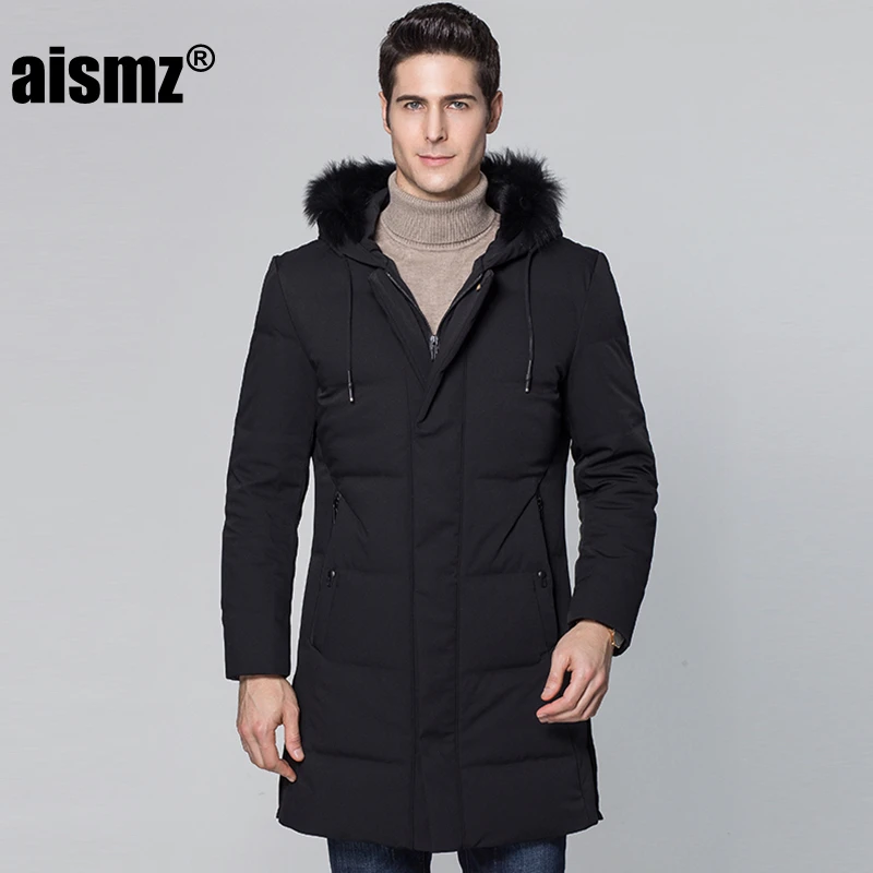 AZ-98918 Black Aismz выдерживает-40 градусов Толстая зимняя куртка для мужчин большой натуральный меховой воротник с капюшоном пуховик теплый 90% белый длинный пуховик на утином пуху - Цвет: AZ-98918 Black