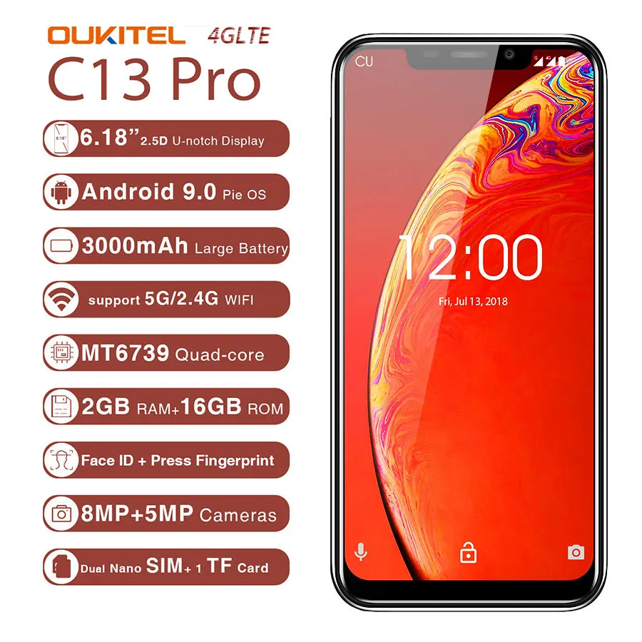 OUKITEL C13 Pro 5G/2 4G wifi 6 18 &quot19:9 Android 9 0 MT6739 четырехъядерный 2 Гб 16 отпечаток пальца LTE