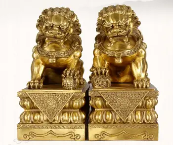 

25cm Chinese pure copper Feng Shui Auspicious Lion office home crafts ornaments