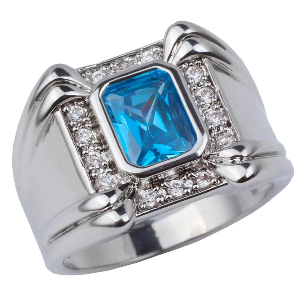 

Rhodium Plated Men Ring Broad Band 7x9mm Sky Blue Cubic Zirconia Crystal Jewelry R128W