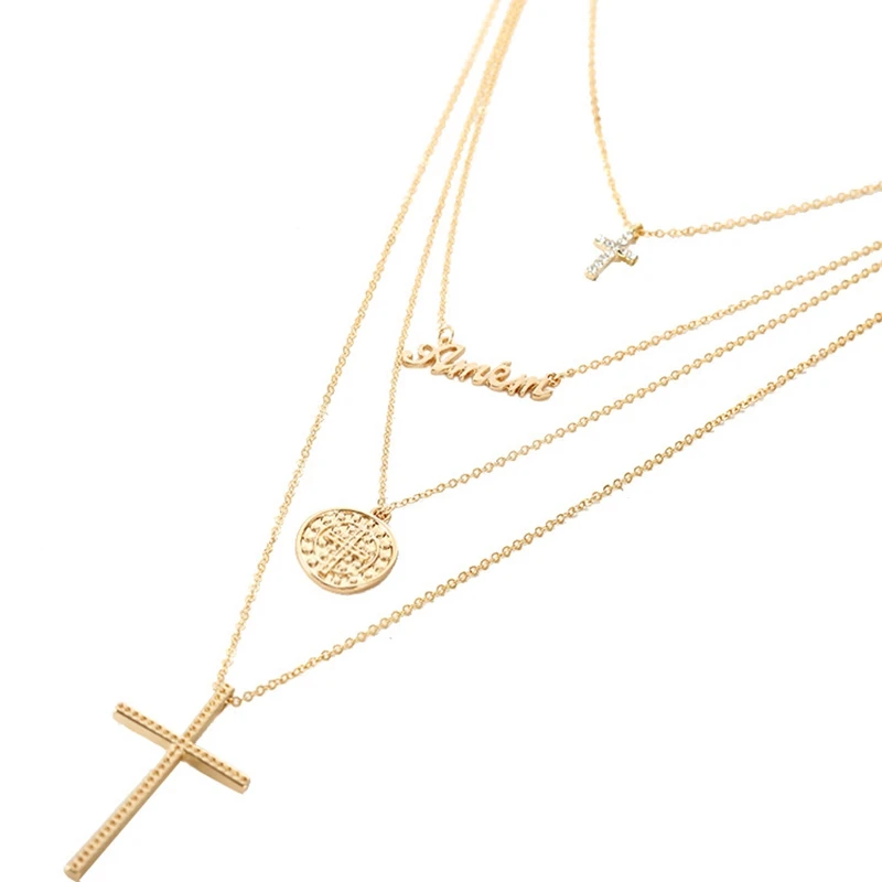 Gold Color Cross Letter Round Pendant Necklace Boho Multi Layer Choker Chain Link Necklace For Women Fashion Jewelry Gift