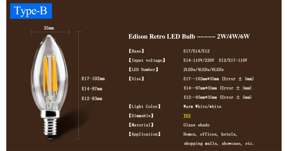 E12 E14 E17 светодиодный ретро лампы в форме свечи лампы 110 V 220 V 2 Вт, 4 Вт, 6 Вт, C35 нити светодиодный Диодная лампочка лампа накаливания Lampara без мерцания