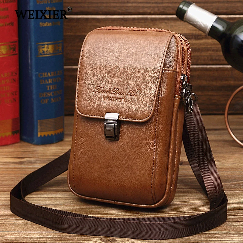 Men Genuine Leather Flap Solid Color Multifunction Crossbody Phone Pouch High Quality  Mobile Phone Credit Card Storage Bags