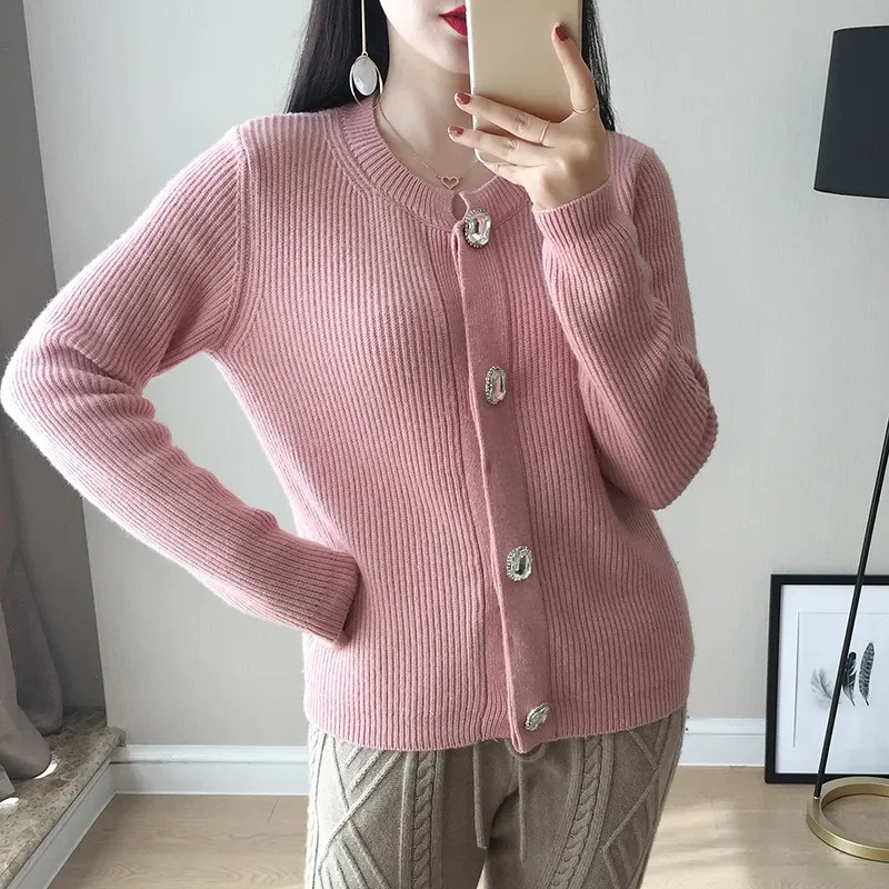 Woman Solid Color Cashmere Cardigan Female Fashion Diamond Buttons Long Sleeve Knitted Sweater Round Collar Coat |