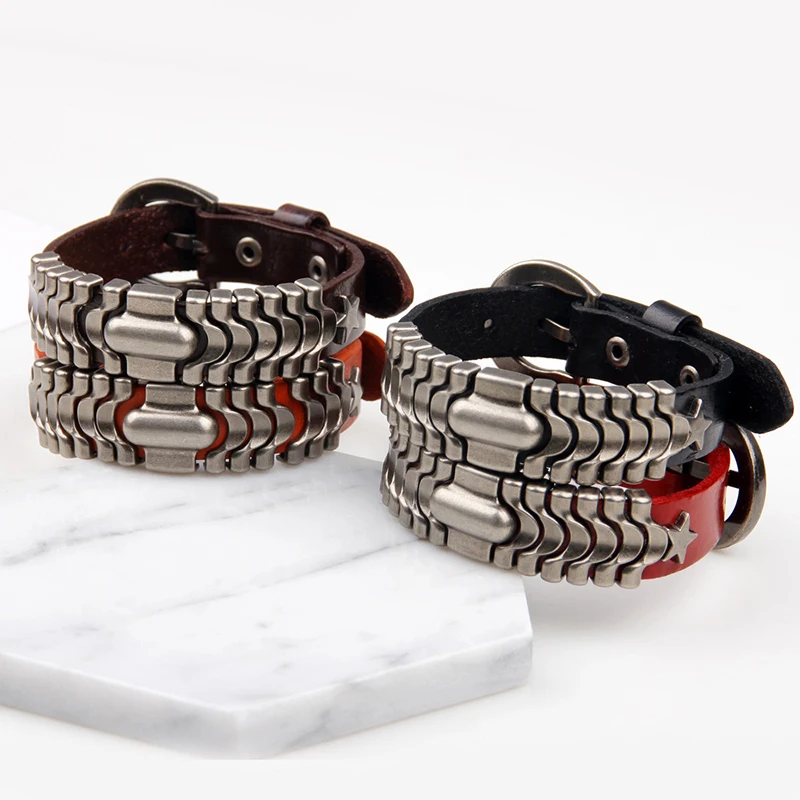 

European and American style geometric stitching bracelet artificial woven leather alloy bracelet for men and women