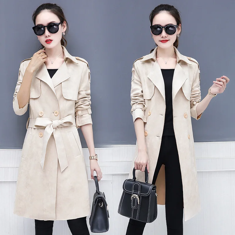 

women Chamois Trench coat female Double-breasted long windbreaker spring autumn new long-sleeved simple Slim thin waist coat