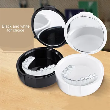 

1pc Portable Denture Box Full Denture Soaking Case With Mirror Plastic Partial Denture Storage Box Dental Tools