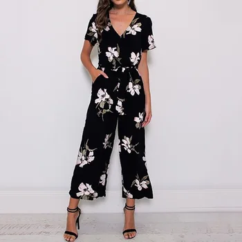 

Large Size Fashion Women's Loose Printed Chiffon Pocket Jumpsuit Office Lady Ankle-Length Pants