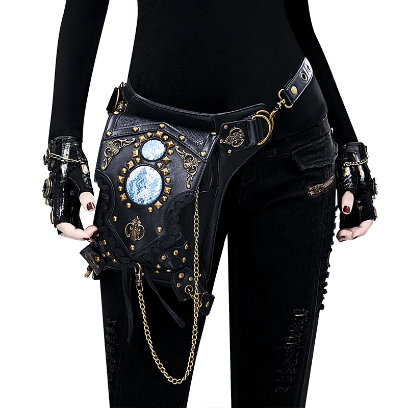 والعتاد دوق إمرأة Steampunk من أكياس القوطية رسول حقيبة يد حقيبة كتف خمر أزياء ريترو روك الخصر حزمة صغيرة حقيبة الساق 2018
