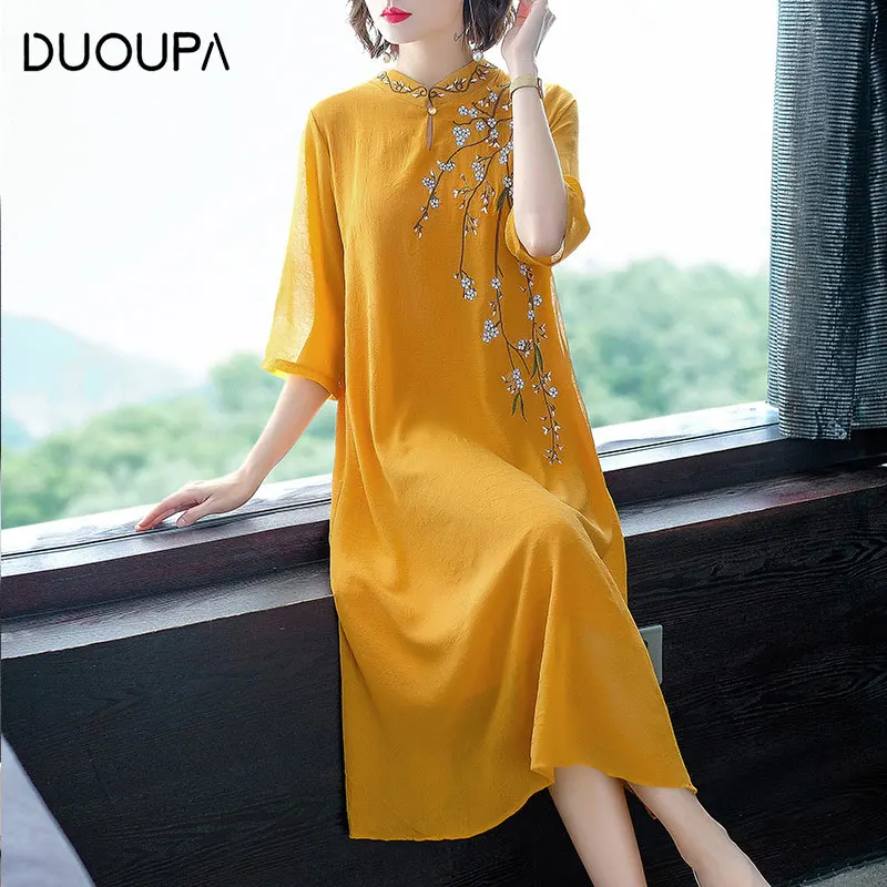 Летнее китайское традиционное платье Cheongsam с вышивкой в национальном стиле ретро - Цвет: 01