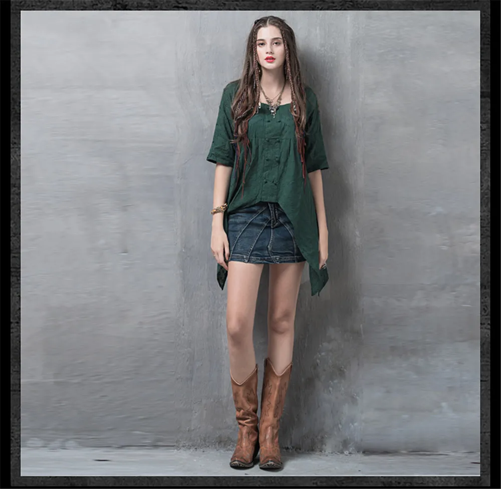 Vintage Autumn Shirt Women 2017 New Cotton Polyester Casual Blouse Square Collar Floral Embroidery Asymmetrical Blusas Feminina (15) - 