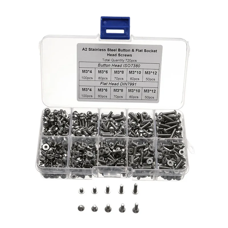 

720pcs Stainless Steel M3 Button Flat Socket Head Screws Set Hex Socket Cap Screw Bolt for Repairing Soldering Part