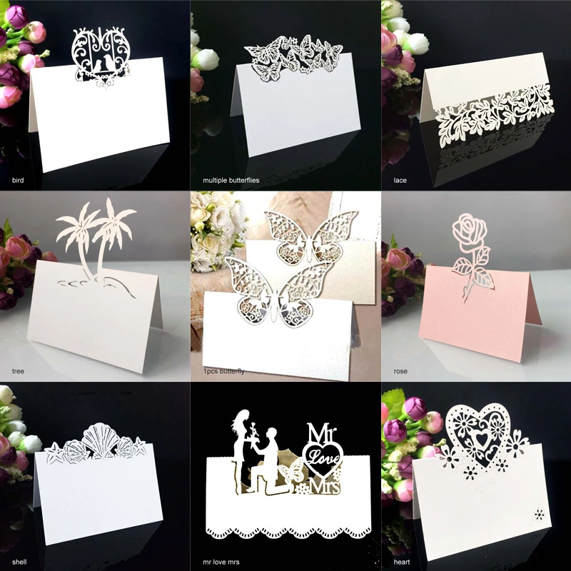 Cartes Decoratives Pour Fete D Anniversaire Cartes Decoupees Au Laser 50 Pieces Creuse Motif En Forme De Cœur Carte Nom De Table Pour Evenement De Mariage Decoupage De Fleur Aliexpress