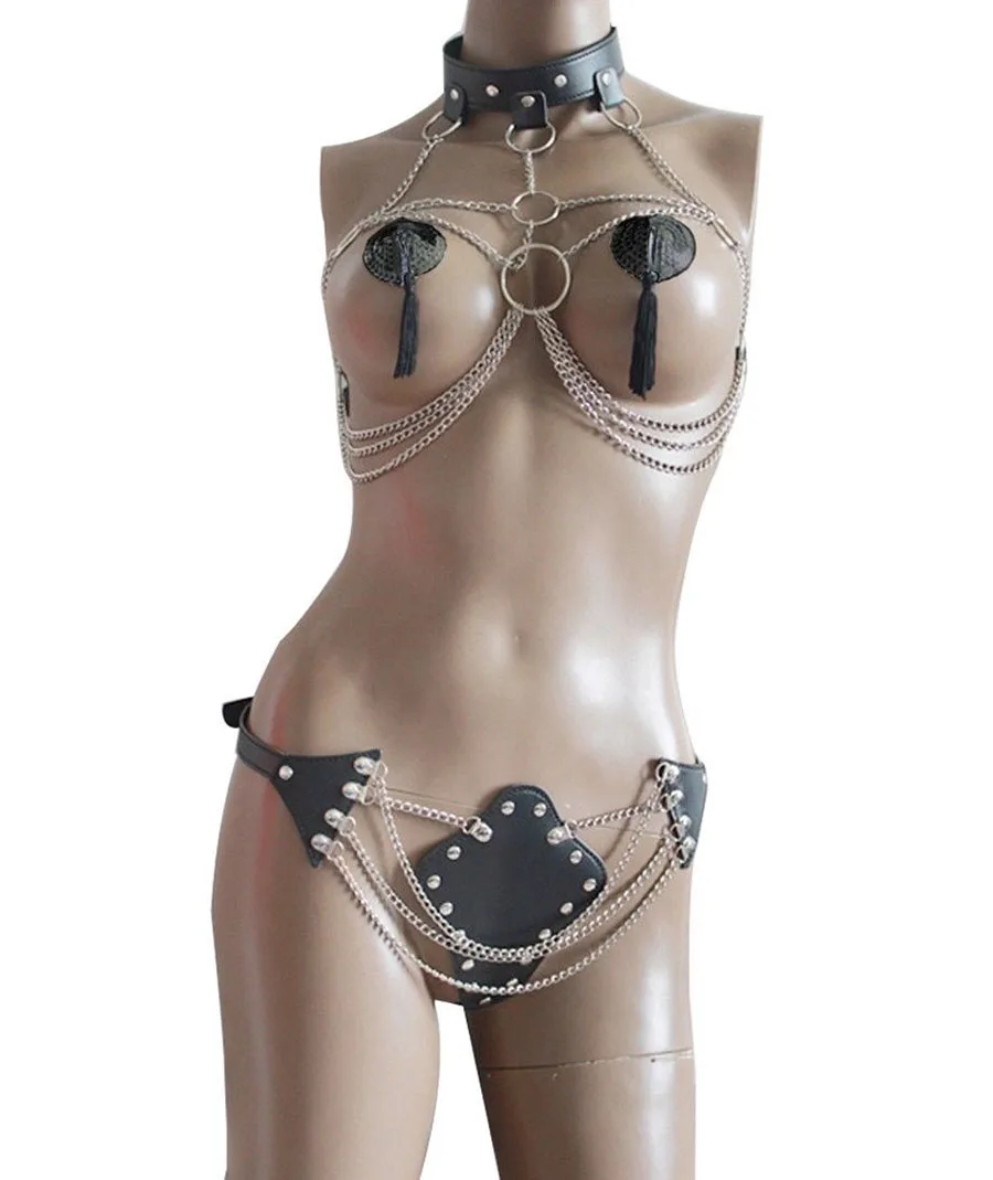 Сексуальная Женская кожа открытый бюст бюстгальтер белье, тело портупея цепь стринги Костюм, Секс игрушки для женщин