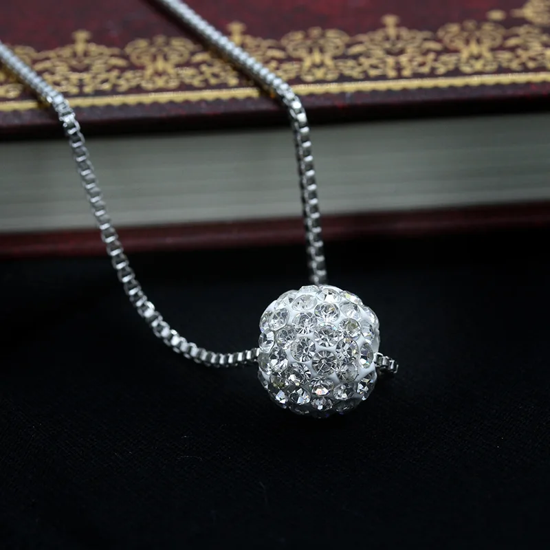 Round Crystal Ball Necklaces For Women Silver Rhinestone Beads Pendants