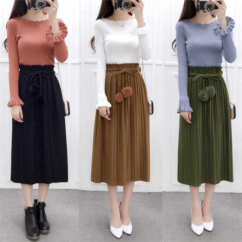 

2017 Spring Summer Retro Solid Empire Ball Sashed Pleated Mid-Calf Skirt Women Jupe femme Falda de las mujeres