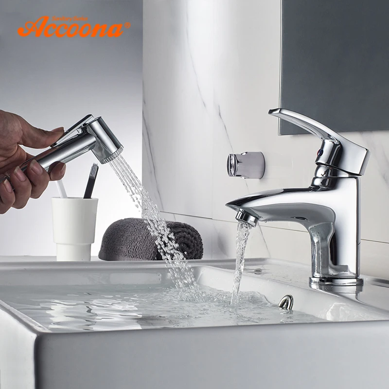 Günstige Accoona Becken Wasserhahn Chrom Poliert Massivem Messing Bad Einzigen Handgriff Waschbecken Mischbatterie mit Dusche Kopf Deck Montiert A9203