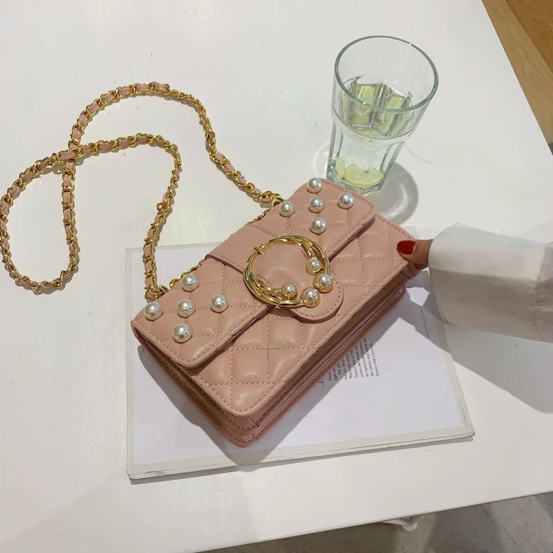 pink Женский сумки через плечо для женщин высокое качество из искусственной кожи роскошные дизайнерские дамы цепи Жемчуг сумка - Цвет: pink