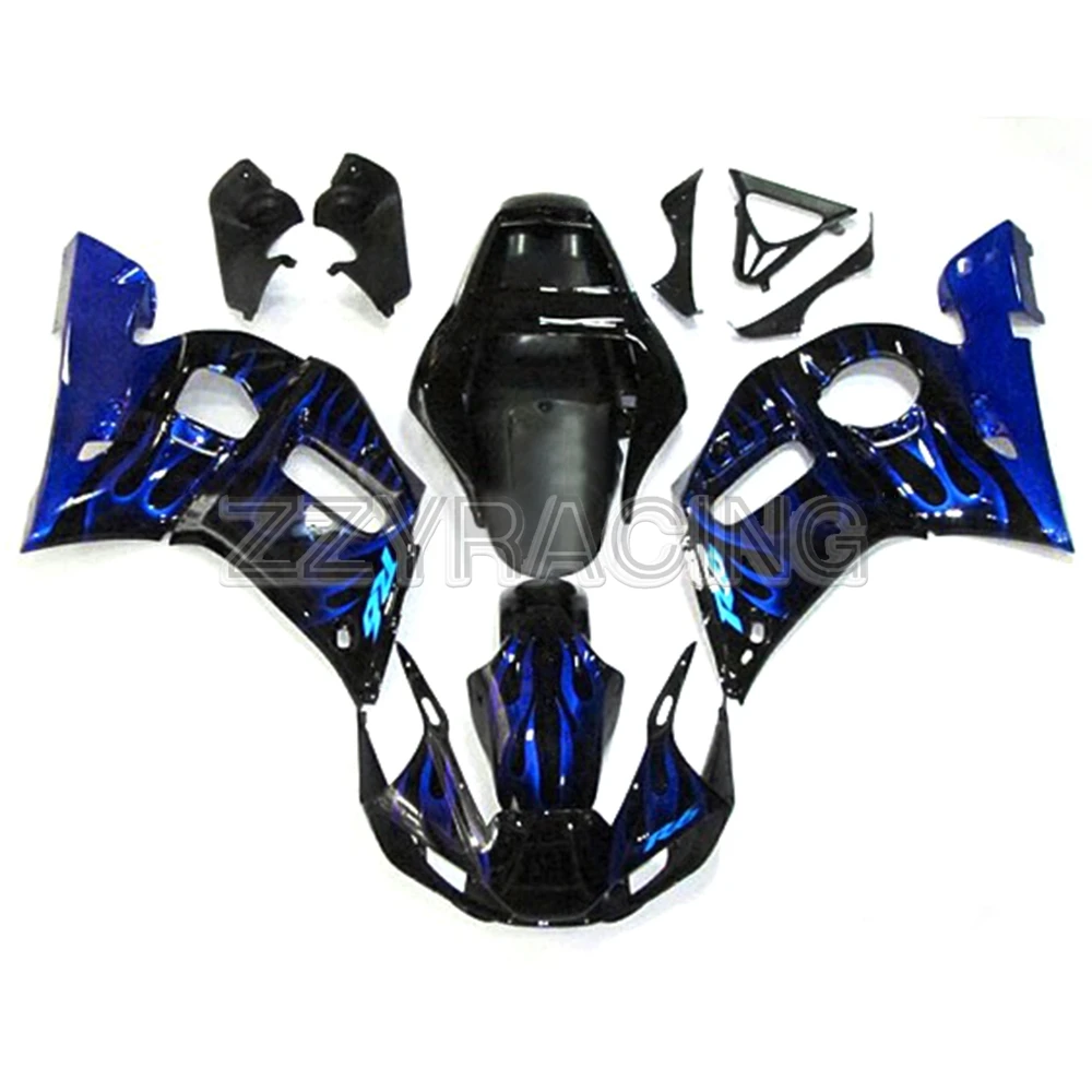 Инъекции Обтекатели для Yamaha R6 1998-2002 99 00 01 заполнить панели комплект 1999 2000 2001 ABS Пластик тела работа цвет: черный, Синий Пламя