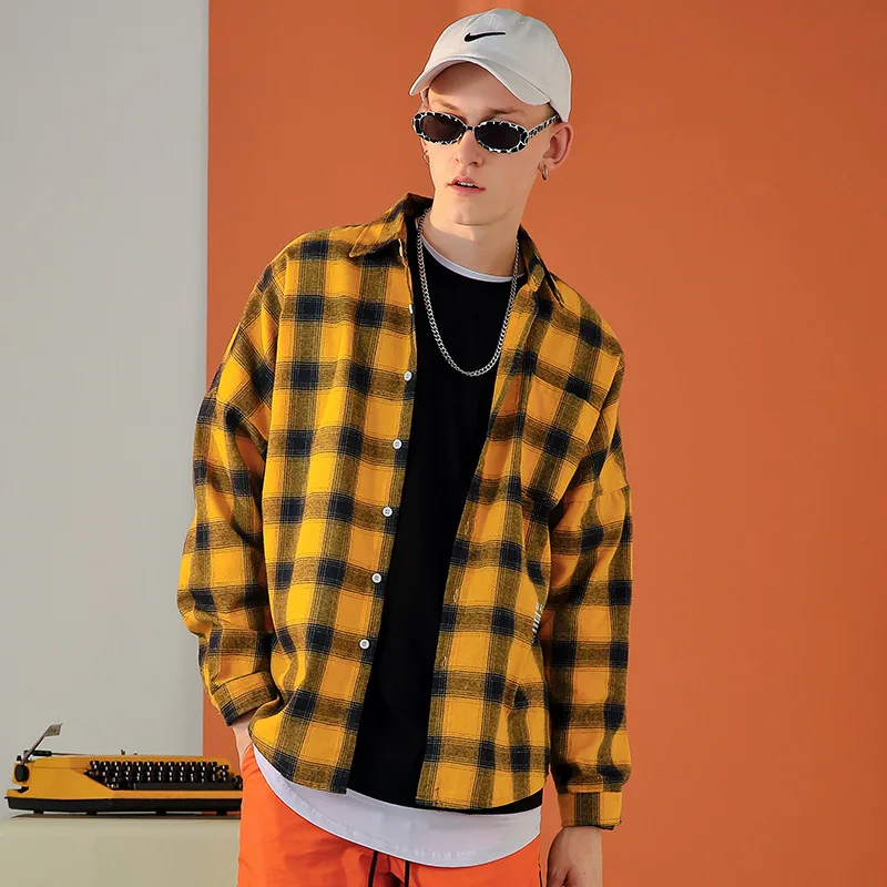 

Men's Shirt Long Sleeve 2019 New Shirt Men's Lapel Ins Plaid Shirt Loose Brand Print Long Sleeve Shirt