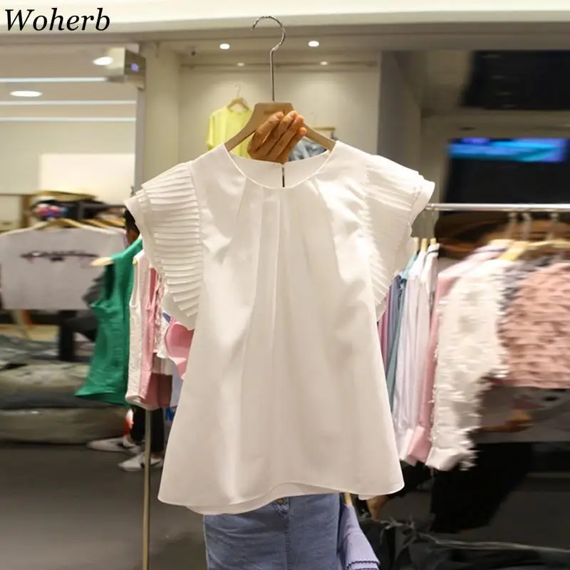 

Woherb 2019 Korean Fashion Clothes Women Chiffon Shirt Short Sleeve Blouse Summer Tops Casual Solid Pleated Ruffle Blusas 22242