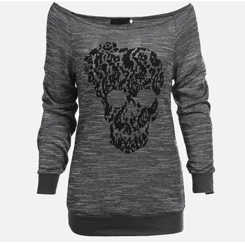 

Women's Off Shoulder Long Sleeve T-shirt Skull Print Spring Loose Woman's Tshirt 2019 Summer Casual Streetwear Female T-shirts