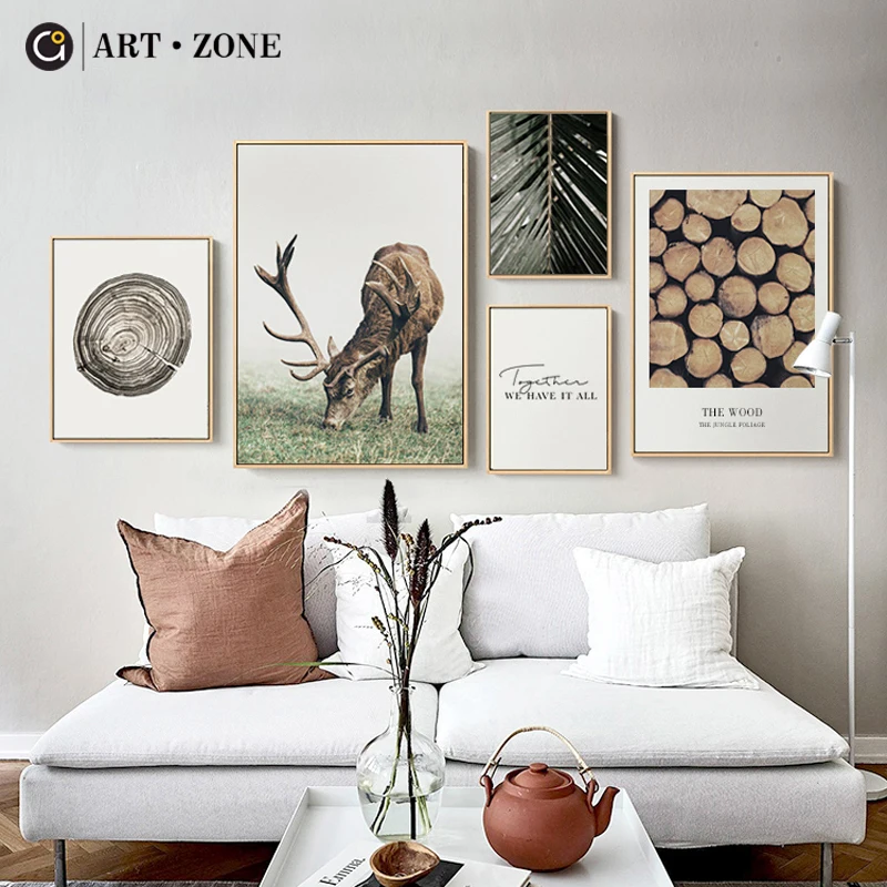 

ART ZONE Deer Animal Canvas Painting Wood Ring Modern Minimalist Wall Art Print Poster Home Bedroom Decor Painting