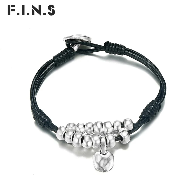 

F.I.N.S Charm Bracelet Black Leather Rope Chain Women's Bracelet Handmade Silver Color Beads Bracelets Bangles Gifts for Women
