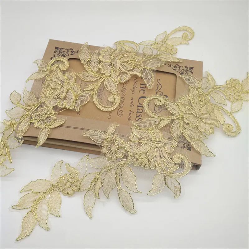 

3pairs/ 6pcs Gold Polyester embroidery patch flowers wedding motifs flower lace applique 37.5X11.5cm LA197