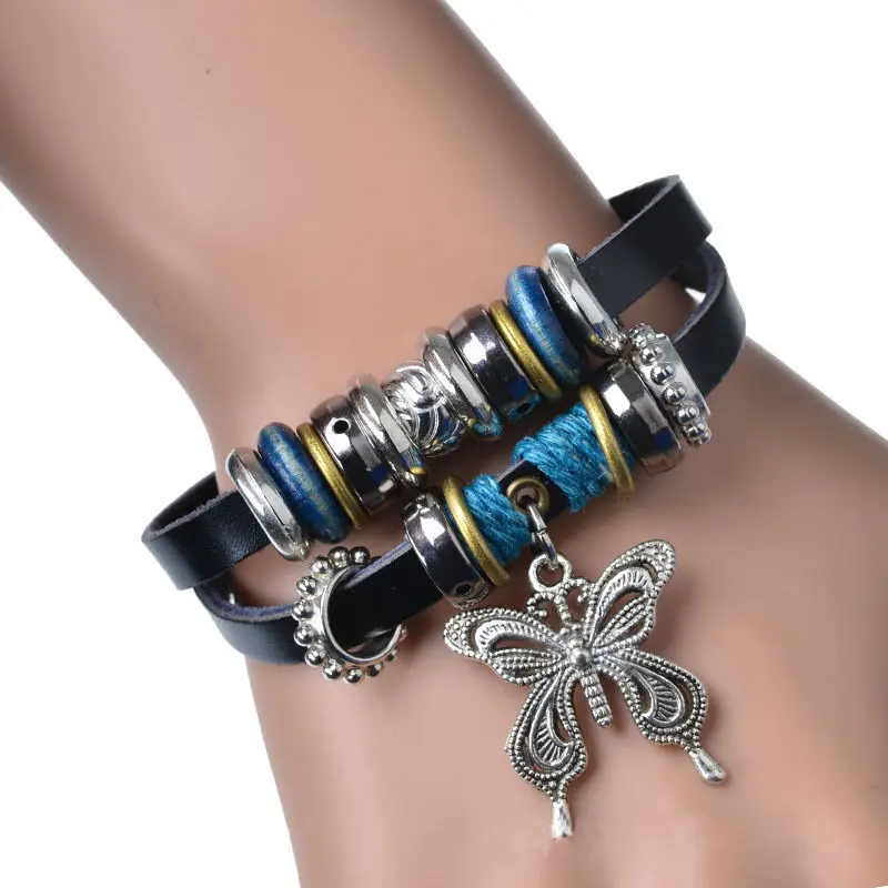 

1pc Leather Braid Punk Bracelet Vintage Butterfly Bracelet For Men Woman Fashion Black Color Multiple Braided Bracelets Jewelry