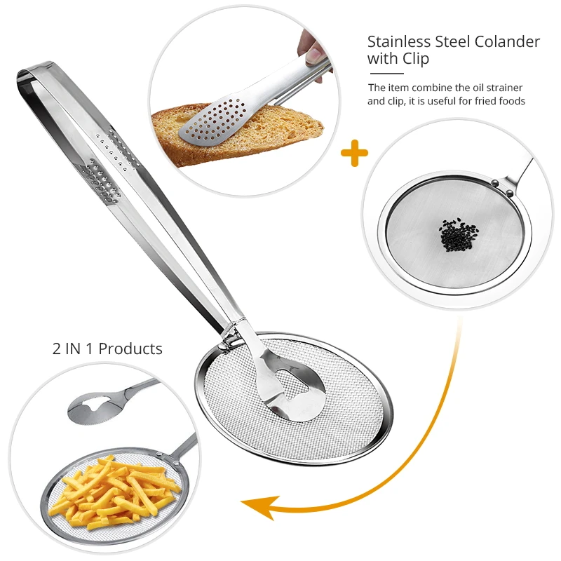 Kitchen Gadgets Tools Stainless Steel Colander oil Strainers Fried Food Filter Spoon with Clip France Fried Tong Mesh Colander