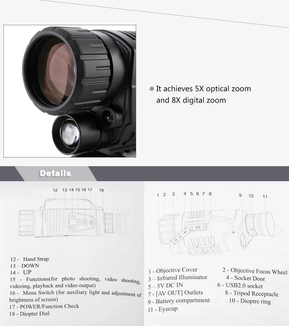 Eyebre 5x40 Призма Инфракрасный цифровой видео Охота Ночное Видение телескоп с функцией видеовыхода для пеших прогулок Birding