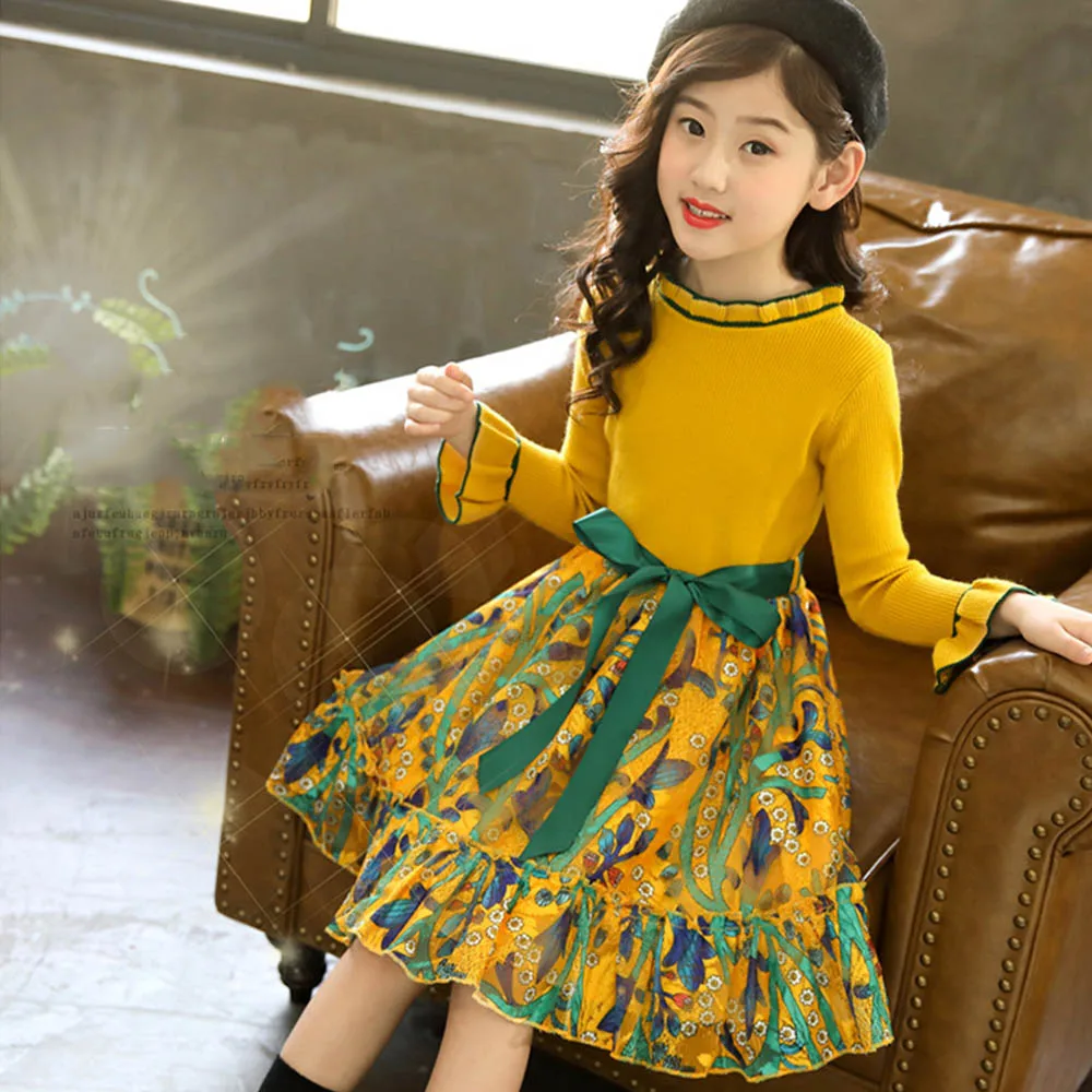 Платья-свитеры на осень, зиму и весну для девочек с цветочным принтом, принцесса вязанные свитеры с длинными рукавами с рисунком Детские платья для детей платье для малышей, девочек детская одежда