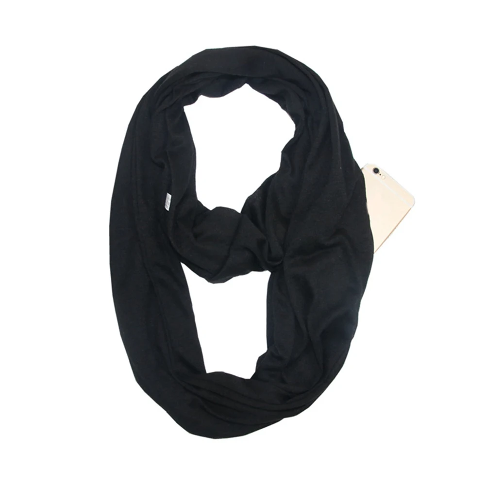 Новое поступление, Портативный Женский шарф с карманами на молнии, зимний мягкий теплый шарф-трансформер, шарфы для путешествий - Цвет: Черный