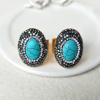

6pcs Gold color Natural blue tophus stone rings,Pave Crystal Rhinestone Jewelry Finger Ring R75