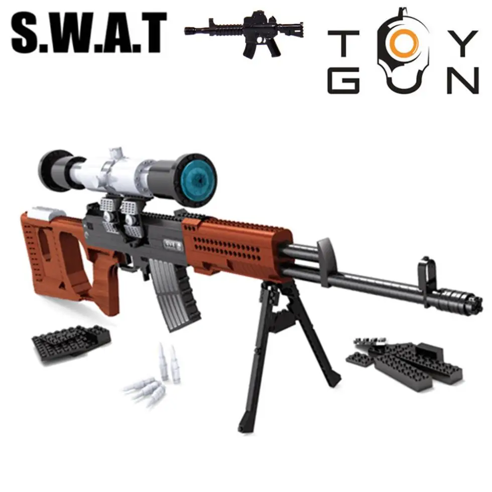 

AUSINI 712pcs SWAT SVD Sniper Sniper Assault Rifle GUN Weapon Arms Model 1:1 3D DIY Building Blocks Bricks Children Gifts Toy
