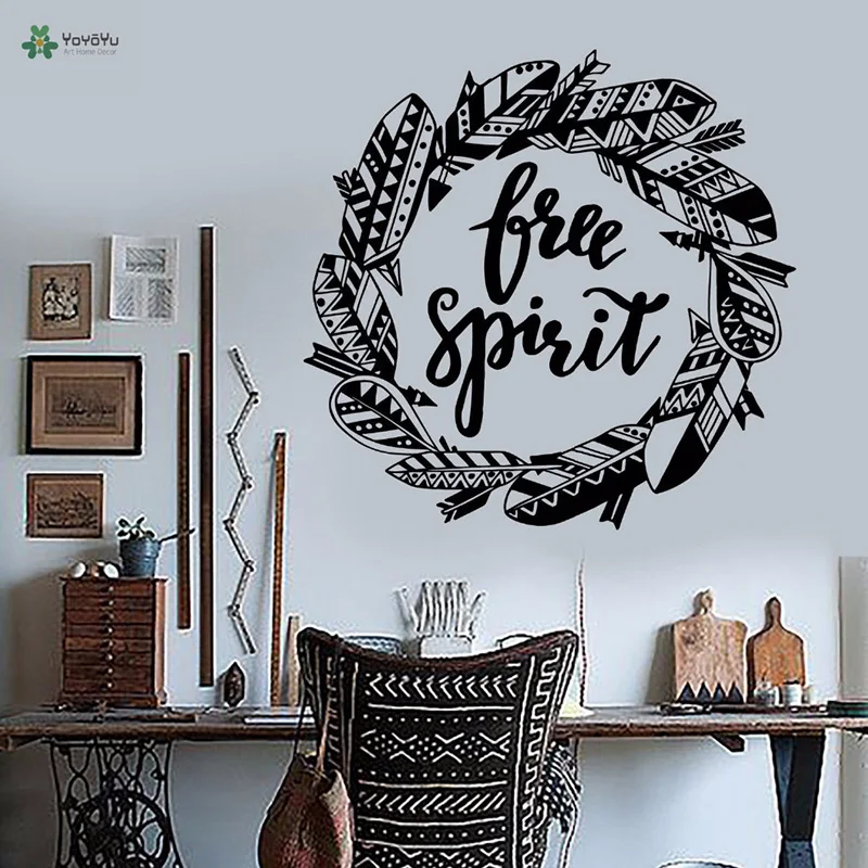 

YOYOYU Vinyl Wall Decal "Free Apirit" Feather Composition Wreath Encouraging Words Study Bedroom Decoration Stickers FD216