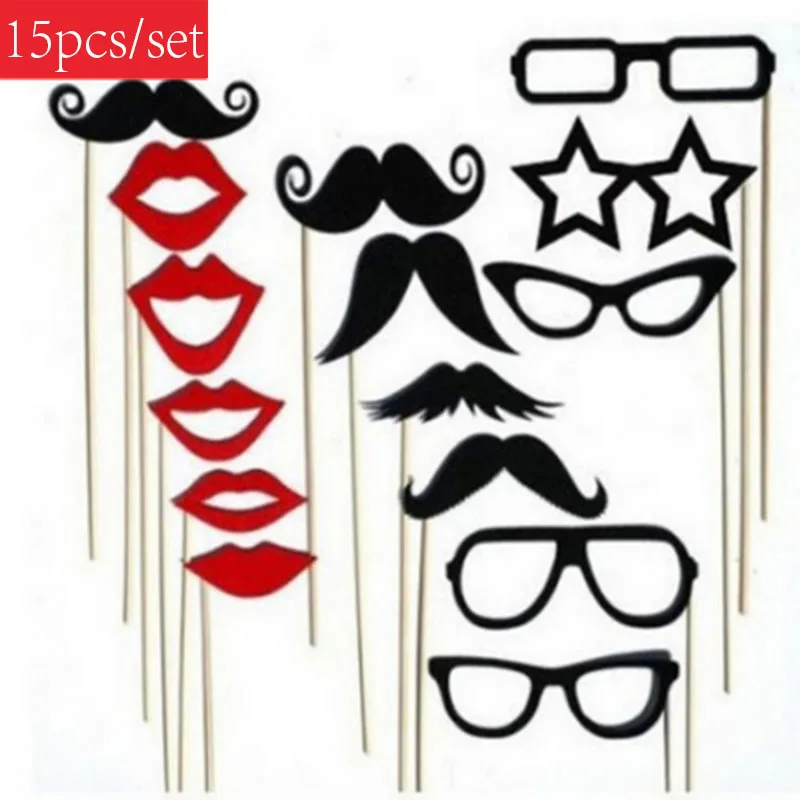 

15pcs Photo Booth Prop Party Decoration Photo Props Hat Mustache Stick for Fun Favor Photobooth Wedding & Brithday Party Favors