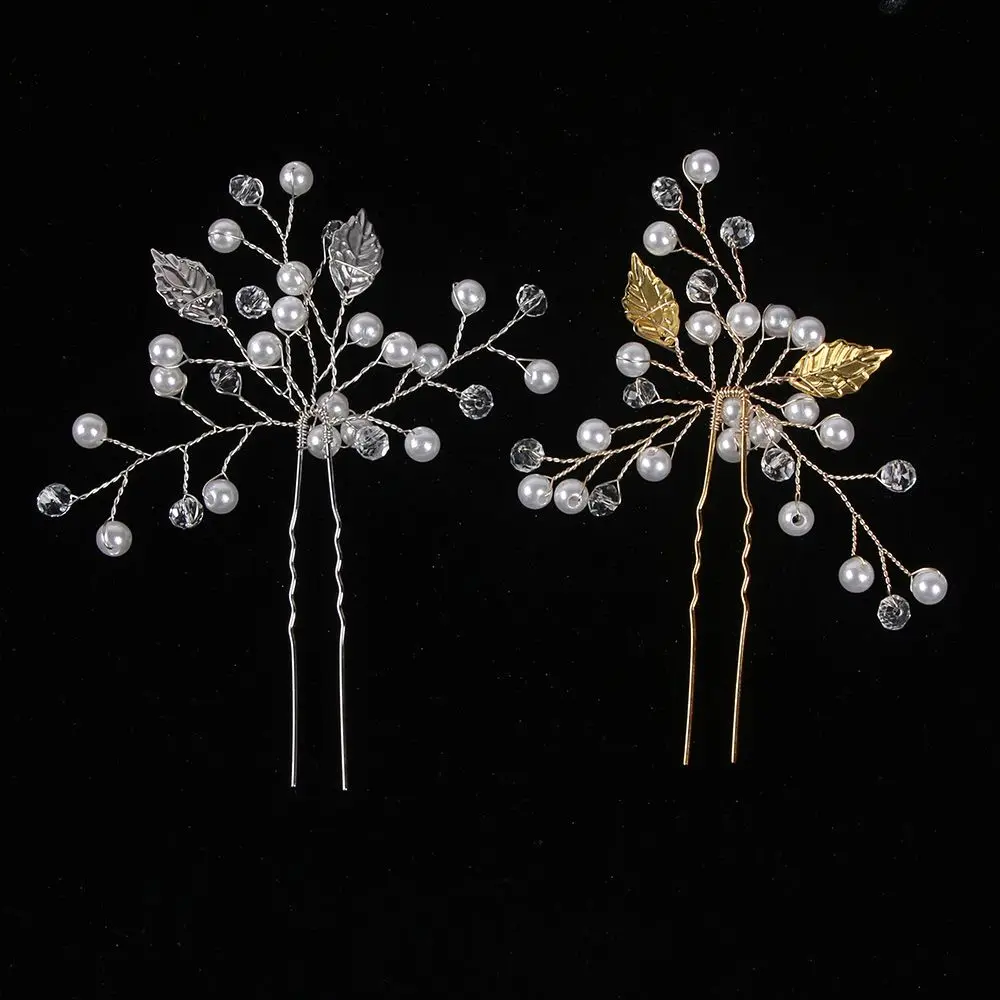 

Gold Silver Crystal Flower Leaf U shape Hair Sticks Pearl Clip Vintage Pins Wedding Hair Accessories Rhinestone Bride Head Piece