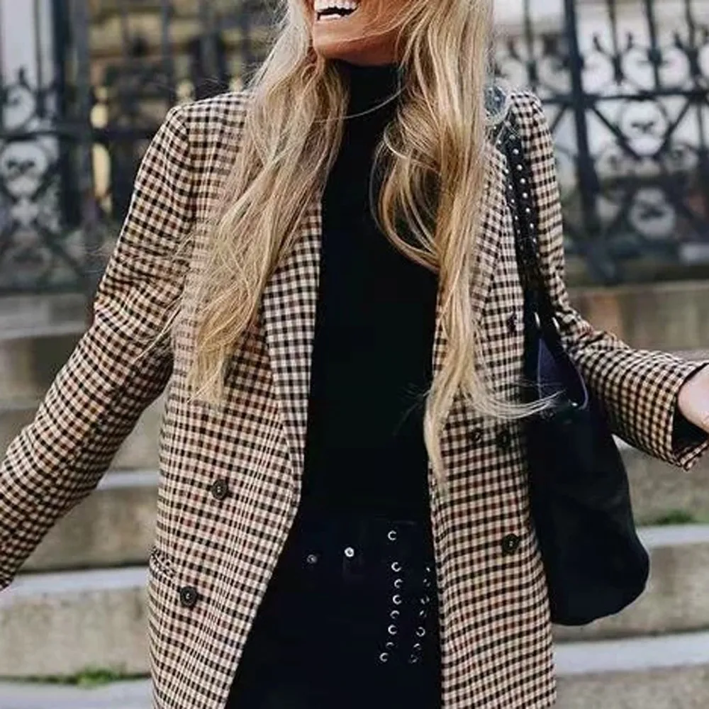 2018 Fashion Plaid Women Blazer Coat Retro Button Lattice